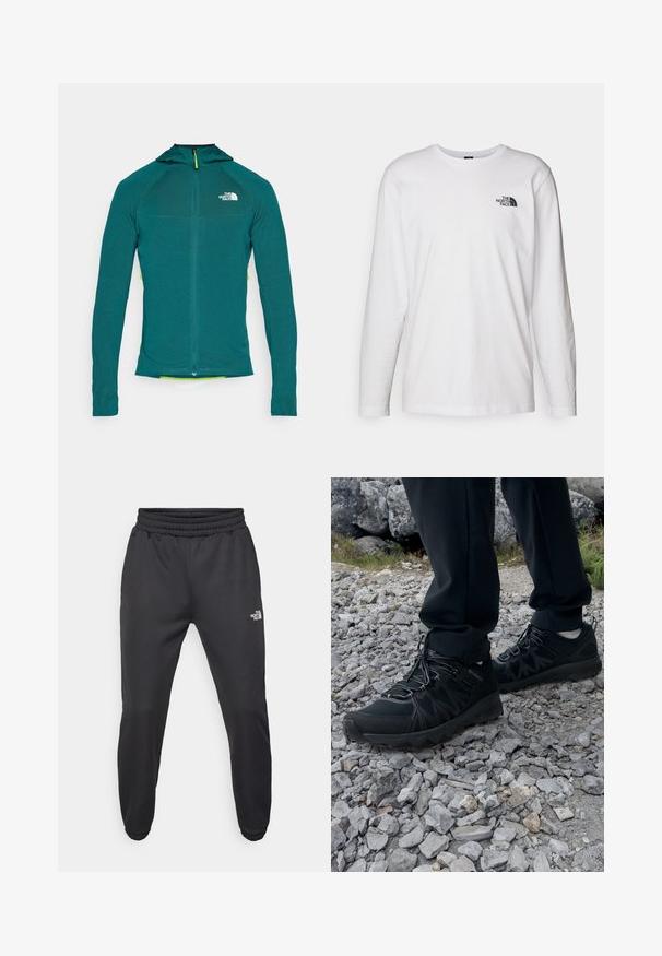 Hoodie mit langen Ärmeln in Teal, ausgestattet mit einem Viertelreißverschluss, strukturiertem Stoff und einem kontrastierenden gelben Reißverschlusszug.; Weißes langärmliges T-Shirt aus Baumwolle mit Rundhalsausschnitt. Verfügt über ein kleines schwarzes Logo auf der Brust. Glatte Textur, reguläre Passform.; Schwarze Jogginghose mit verstellbarem Bund, schlanker Passform, elastischen Bündchen und einem kleinen weißen Logo am linken Oberschenkel, hergestellt aus glattem Stoff.; Schwarze Outdoor-Schuhe aus Mesh und synthetischem Material, mit einer strukturierten Oberseite, gesichertem Schnürsystem und griffiger Laufsohle, auf felsigem Gelände.