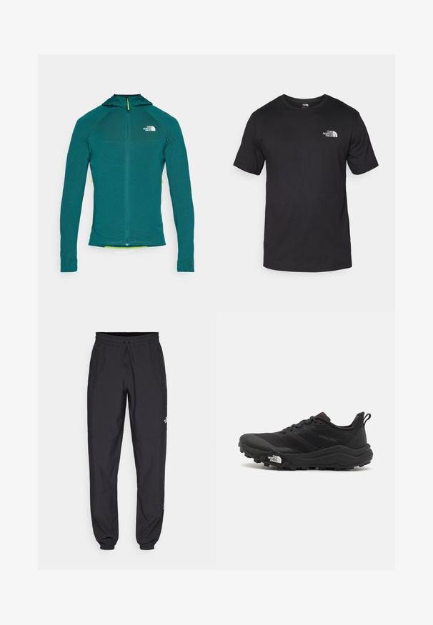 Gevoerde lange mouwen jas in teal, met een rits tot een kwart lengte, textuurstof en een contrasterende gele ritslip.; Zwarte T-shirt met korte mouwen van katoen, voorzien van een ronde halslijn en een klein wit logo op de bovenste linkerkant van de borst.; Zwarte sportieve broek gemaakt van lichtgewicht stof, met een trekkoord in de taille, zijzakken en taps toelopende boorden bij de enkels.; Zwarte trailrunning schoen met een gestructureerde bovenkant, rubberen zool en versterkte neus. Voorzien van een gevoerde kraag en een trekhaak voor eenvoudig aan- en uittrekken.