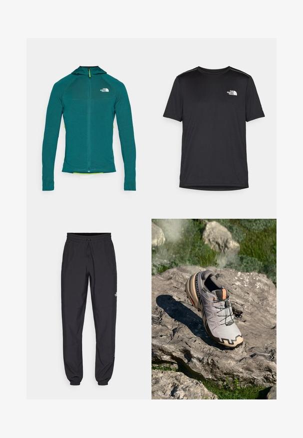 Kapucňová mikina s dlhým rukávom v odtieni teal, so zipsom do štvrť dĺžky, textúrovanou tkaninou a kontrastným žltým ťahákom na zips.; Čierne tričko s krátkym rukávom vyrobené z ľahkej tkaniny. Obsahuje malé biele logo na ľavej hrudi a jemné akcenty na pleciach.; Čierne športové nohavice vyrobené z ľahkej tkaniny, s elastickým pásom na šnurovanie, bočnými vreckami a zúženými manžetami na členkoch.; Svetlošedá trailová bežecká obuv s béžovými akcentami, štruktúrovaným zvrškom, čiernymi šnúrkami a výrazným vzorom na podrážke. Obsahuje logo značky.