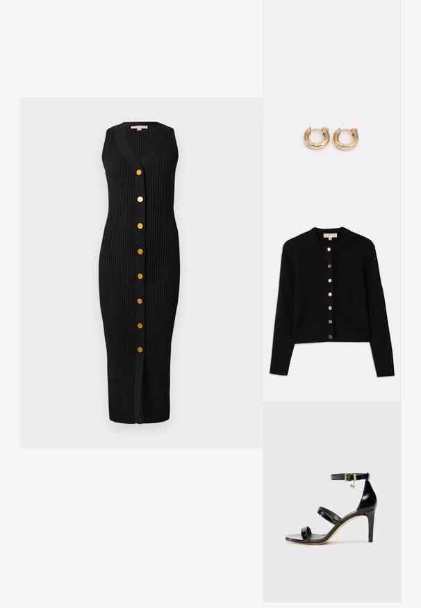 Cardigã preto feito de tecido macio, com um decote redondo, mangas longas e seis botões dourados na frente.; Vestido preto de malha com nervuras, com decote em V, design sem mangas e botões em tom dourado na parte frontal, apresentando uma silhueta ajustada.; Sandal de couro envernizado preto com três tiras, fivela no tornozelo e salto agulha de 10 cm. Apresenta detalhes em hardware dourado e um charme com logotipo.; Argolas de ouro com acabamento polido, apresentando um design circular e espesso, além de um mecanismo de fecho seguro. Textura suave e aparência brilhante.