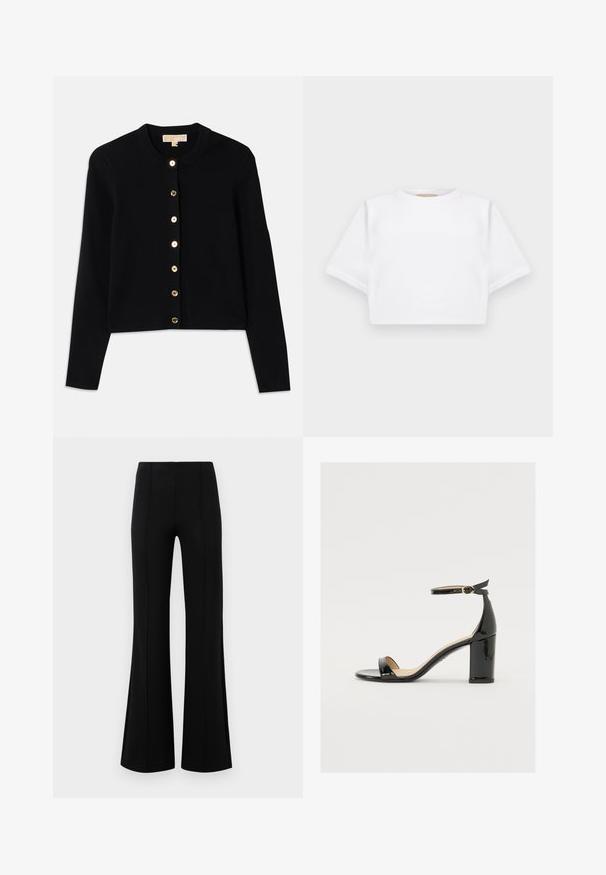 Cardigan negru dintr-un material moale, cu guler rotund, mâneci lungi și șase nasturi aurii pe față.; Tricou alb scurt dintr-un material moale, cu mâneci scurte, decolteu rotund și detalii ribbrate la margine. Design simplu și fără embellishments.; Pantaloni negri evazați, cu talie înaltă, fabricați dintr-un material elastic. Prezintă detalii cu cusături verticale în față și o textură netedă.; Sandal cu toc lat din piele lacuită neagră, cu vârf deschis și curea pentru gleznă, având o cataramă aurie. Textură netedă și design elegant.