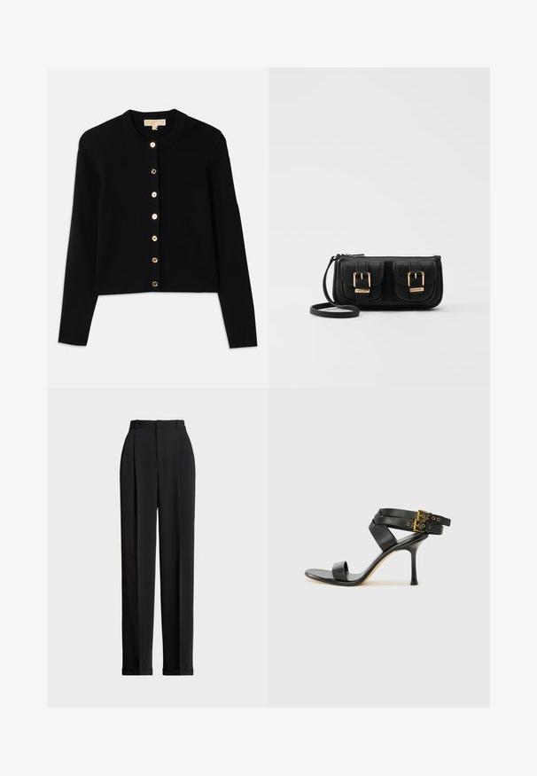 Črni cardigan iz mehkega blaga, z okroglo ovratnico, dolgimi rokavi in šestimi zlatimi gumbi spredaj.; Črn brezrokavnik iz bombaža s krožnim izrezom. Ima majhen bel logotip v spodnjem levem vogalu in rebrast rob.; Črne krojene hlače z visokim pasom, z naborki spredaj, ravnim krojem in manšetami na koncu. Narejene iz gladkega materiala.; Črne sandale na peto z križnimi trakovi in prilagodljivo zaponko. Imajo gladko teksturo in zožen peto.; Črna usnjena torbica čez ramo z dvema sprednjima žepoma, zlatimi zaponkami, zadrgo in ozkim pasom. Tekstura površine je strukturirana, obliko pa ima kompaktno pravokotno.