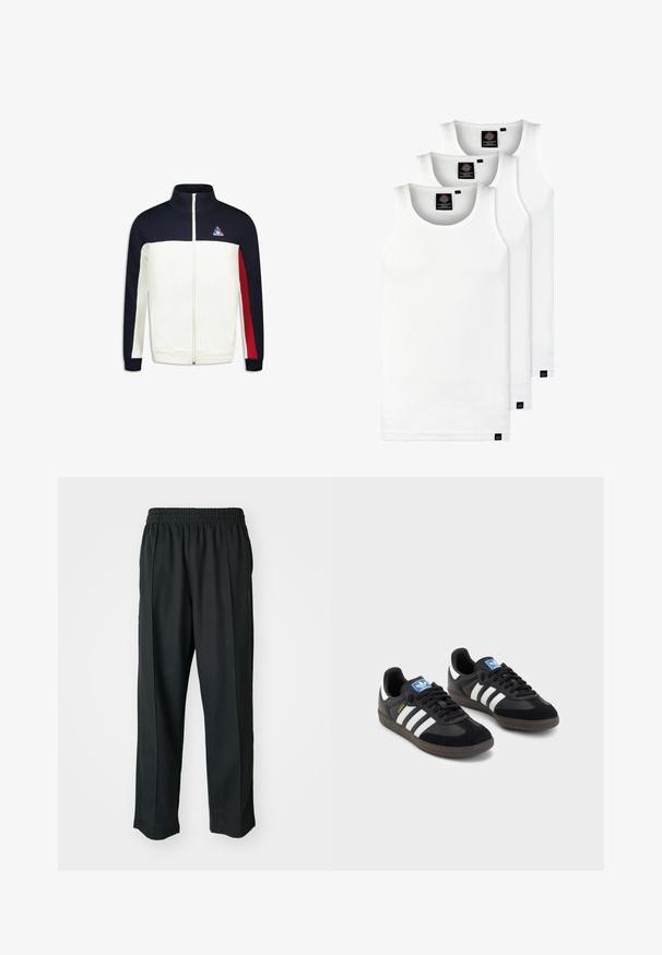 Zip-up jack met een witte lijf, marineblauwe mouwen en rode accenten. Heeft een hoge kraag en een logo op de borst. Gemaakt van zachte stof.; Drie witte geribde tanktops van katoen. Kenmerken zijn een ronde hals en kleine zwarte labels nabij de zoom. Verkrijgbaar in meerdere maten.; Zwarte sportbroek met een elastische tailleband, gemaakt van gladde stof, met subtiele zijnaad en een relaxte pasvorm, recht gesneden.; Zwarte sneakers met een bovenwerk van suède en synthetisch materiaal, voorzien van drie witte strepen, een gestructureerde rubberen zool en een blauw logo-label op de tong.