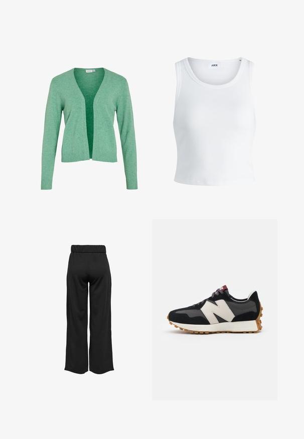 Zielony kardigan z długim rękawem, dekoltem w serek, otwartym przodem oraz ribbowymi mankietami i dołem. Wykonany z miękkiej, teksturowanej dzianiny.; Biały prążkowany top na ramiączkach z okrągłym dekoltem, bez rękawów i skróconej długości. Metka z napisem "JJXX." Gładka faktura materiału.; Czarne, szerokie spodnie z elastycznym pasem, wykonane z gładkiego materiału. Charakteryzują się prostym wzornictwem, bez kieszeni i widocznych szwów.; Czarno-szare zamszowe sneakersy z dużym kremowym logo "N", purpurowymi sznurówkami i teksturowaną gumową podeszwą.