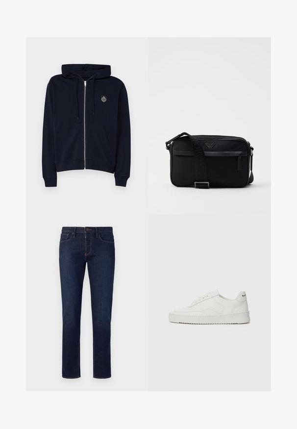 Sudadera con cremallera de color azul marino, fabricada en un tejido suave, que cuenta con un bolsillo frontal, capucha con cordón y un logo bordado en la parte superior izquierda del pecho.; Camiseta de manga corta blanca con un patrón en forma de V negra repetido, hecha de algodón suave, con un corte relajado y escote redondo.; Emporio Armani 5 POCKETS PANT - Vaqueros slim fit - blue denim; Zapatilla de cuero blanca con un acabado suave, puntera redonda, cordones planos y suela texturizada. Cuenta con un sutil logo en el talón.; Bolso de hombro negro de nailon con una correa de contraste, forma rectangular elegante, detalle del logo y un bolsillo con cremallera en la parte frontal.