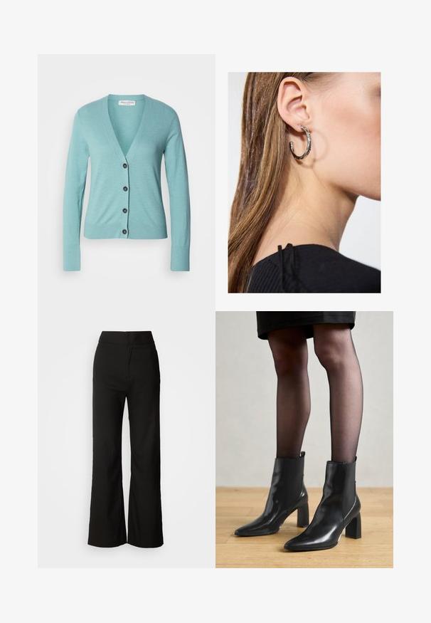 Šviesiai mėlynas megztinis, pagamintas iš švelnios medžiagos, su V formos iškirpte, ilgomis rankovėmis ir šešiais juodais mygtukais priekyje. Lygus paviršius.; Juodas tanktopas, pagamintas iš minkštos, elastingos medžiagos. Jame yra apykaklės forma ir plačios petnešos, su prigludusia siluetu ir lygiu paviršiumi.; Juodos plačios kelnės su lygiu paviršiumi, aukšta liemeni, ir švariu dizainu. Nėra matomų kišenių ar papuošimų.; Juodos odinės aulinės botai su smailiu priekiniu galiuku, masyviu kvadratiniu kulnu ir elegantišku dizainu. Yra elastingos šoninės detalės, kad būtų lengva užsidėti.; Sidabrinė lankinė auskarai su poliruotu paviršiumi, turintys mažus auksinius akcentus ir apvalią formą, dėvimi ant ausies kaušelio.