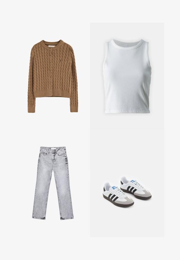 Brun kabelstickad kofta med rund hals, fem knappar framtill och en liten logotyp på vänster bröst. Mjuk textur och kroppsnära design.; Vit ribbad linne med rund halsringning och ärmlös design, med en rak nederkant och en smidig, elastisk textur.; Grå denimjeans med rak benpassform, slitna detaljer, fem fickor och kopparnitar. Midjan har en logotagg.; Sportskor med överdel i vit läder, grå mocka på tårna och tre svarta ränder. Har en blå logotyp på tungan och en texturerad gummisula.