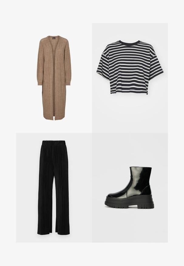 Pikk pruun tekstuuriga kardigan ribadreoloogia, avatud ees ja pikad varrukad, valmistatud pehmest kootud kangast. Ilma kinnituste ja taskuteta.; Rööbastega lühikeste varrukatega navy ja valge lühike t-särk. Ümar kaelus, pehme kangas horisontaalsete triipudega ja lõdva lõikega.; Mustad pleekitud püksid elastse vöökohtaga. Omavad laiad jalad ja sujuvat, tekstureeritud kangast vertikaalsete triipudega.; Must mustakate läikiv ankle boot paksu lõkkeka üle ja ümarate varvastega, külgvaates halli ühtlase taustal.