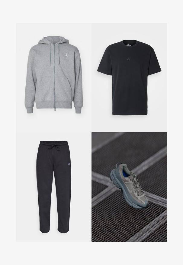 Haut à zip gris fabriqué dans un tissu doux, avec une poche avant, des cordons de serrage et un petit logo blanc sur la zone gauche de la poitrine.; T-shirt en coton noir Nike avec un col rond classique, des manches courtes et un logo embossé subtil sur la poitrine. Texture lisse.; Pantalons de survêtement noirs en tissu doux, avec une taille élastique, un cordon de serrage et un petit logo Nike sur la cuisse gauche.; Chaussure de sport beige et grise avec une tige en maille texturée, un bout arrondi et une semelle en caoutchouc, comportant des lacets et un col rembourré.
