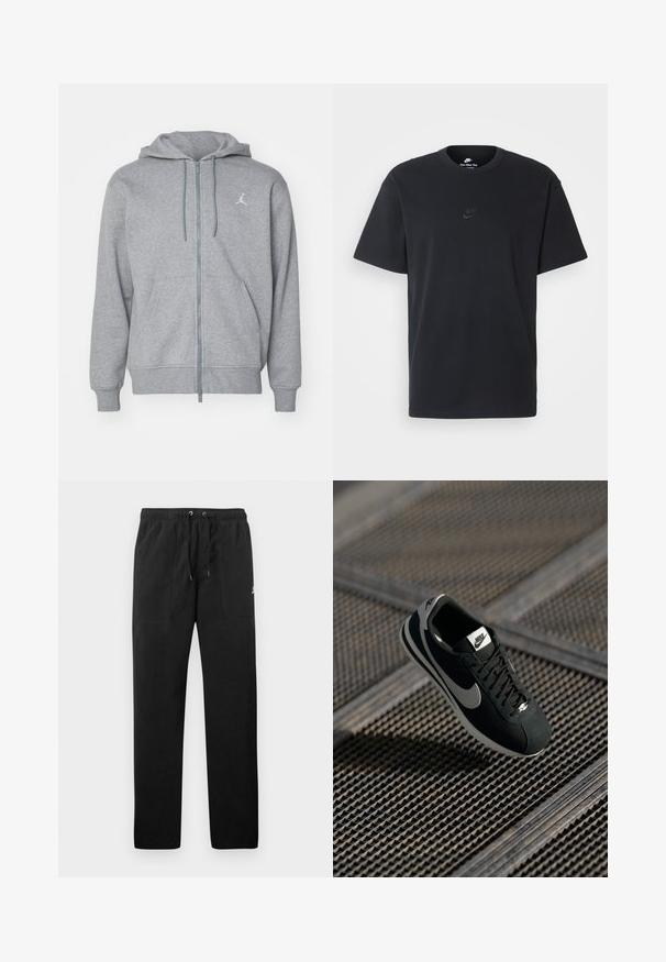 Pelēka kapucīne ar rāvējslēdzēju, izgatavota no mīksta auduma, ar priekšējo kabatu, pievilkšanas auklām un mazu baltu logo kreisajā krūtīs.; Nike melns kokvilnas T-krekls ar klasisku piegriezumu, īsām piedurknēm un smalku, reljefu logotipu uz krūškurvja. Gluda tekstūra.; Melnas sporta bikses, izgatavotas no flīsa, ar elastīgu jostasviedi un auklām, diviem priekšējiem kabatām un nelielu logo uz augšstilba.; Melna Nike sporta kurpe ar pelēkiem akcentiem, zamšādas un sieta materiāliem, teksturētu zoli, šauru formu un klasisku auklu aizdari.