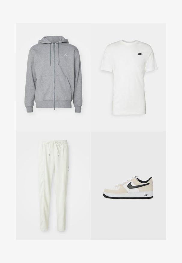 Graue Kapuzenjacke aus weichem Stoff, mit einer Fronttasche, Kordeln und einem kleinen weißen Logo auf der linken Brustseite.; Weißes Baumwoll-T-Shirt mit kurzen Ärmeln, rundem Halsausschnitt und einem schwarzen Nike-Logo auf der linken Brust. Glatte Textur und klassische Passform.; Weiße, körpernahe Jogginghose mit elastischem Bund und Kordelzug, ausgestattet mit seitlichen Nähten und einem kleinen schwarzen Patch am rechten Bein.; Sneaker mit einem hellbeigen Wildleder- und weißen Leder-Obermaterial, schwarzem Nike-Swoosh, schwarzen Akzenten und einer weißen Gummisohle mit "AIR"-Branding.
