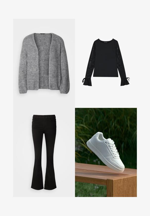 Lindex CARDIGAN VANESSA - Strickjacke - grey; Schwarzes Oberteil mit festem Oberkörper und durchsichtigen, ausladenden Ärmeln. Verfügt über Schleifenakzente an den Bündchen. Hergestellt aus glattem Stoff mit einer taillierten Passform.; Schwarze, ausgestellte Hose aus Stretchmaterial, mit einem Bund mit Gürtelschlaufen und Fronttaschen, glatter Textur und taillierter Passform bis zum Knie.; Weiße Sneaker mit einem glatten, synthetischen Obermaterial, perforierter Zehenbox, flachen Schnürsenkeln und einer strukturierten Sohle, präsentiert auf einer Holzoberfläche.