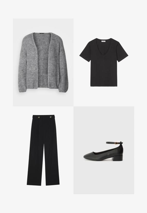 Lindex VANESSA - Cardigan - grey; Black cotton t-shirt with a V-neck design and short sleeves. Features a smooth texture and a simple cut without patterns or accents.; Black wide-leg trousers with high waist, button details on waistband, and front pleats.; Black leather pump with a pointed toe and a low block heel. Features an ankle strap with a gold-tone buckle. Smooth texture.