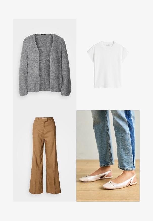 Lindex CARDIGAN VANESSA - Kardigán - grey; Biely krátky rukáv tričko vyrobené z bavlny. Má voľný strih s okrúhlym výstrihom a mierne spustenými plecami. Bez vzorov alebo akcentov.; Hnedé široké nohavice vyrobené z ľahkej tkaniny. Majú plochý predný diel, púzdra na opasok a prispôsobený strih s dĺžkou po členky.; Svetloružové slingback baleríny s jemne špicatou špičkou, vyrobené z hladkého materiálu pripomínajúceho kožu. Majú výrezové detaily na stranách a plochý opätok.