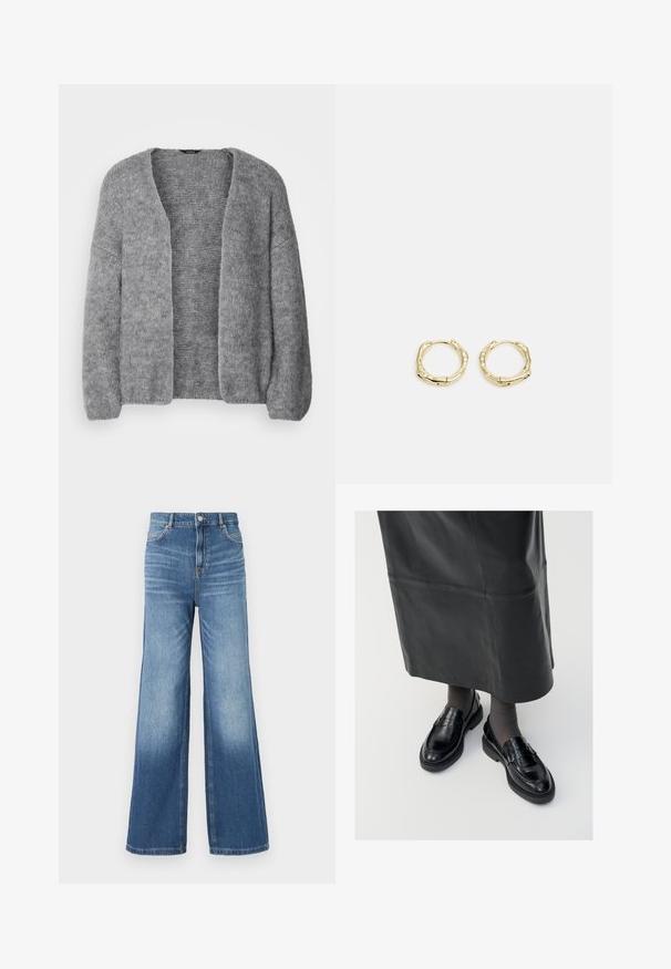 Lindex CARDIGAN VANESSA - Cardigan - grey; Sort ærmeløs turtleneck top, lavet af glat stof. Figurtilpasset design med høj hals og lige kant, minimalistisk og ensfarvet.; Lysblå denim bredbenede jeans med høj talje, der har fem lommer, bæltesløjfer og en subtil falmeffekt mod kanten.; Sorte læder loafers med en glat finish, prydet med en dekorativ rem, rund tå og tekstureret sål. Båret med en lang sort læderskirt.; Gul hoop ørestikker med en struktureret, uregelmæssig form. Har en sømløs lukning og en poleret overfladefinish, der fremhæver et moderne design.