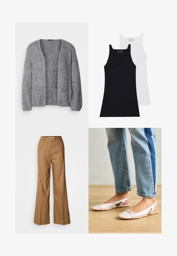 Lindex CARDIGAN VANESSA - Kardigan - grey; Kaks ilma varrukat tippi mustas ja valges. Valmistatud pehmest, venivast kangast, millel on ribakujundus ja tihe disain. Omab kitsaid rihmasid.; Pruunid laiad püksid, mis on valmistatud kerge kangast. Omavad tasast esiosa, vöökohtade keerutusi ning kohandatud siluetti, millel on pahkluu pikkus.; Kahvatu roosa slingback lapikute jalatsite paar, millel on terav varvas, valmistatud siledast nahataolisest materjalist. Omab külgedel lõikekohti ja lapikut kontsa.