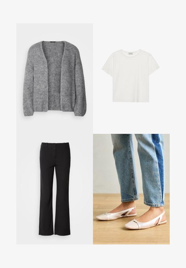 Lindex CARDIGAN VANESSA - Kardigan - grey; Bílé tričko s krátkým rukávem vyrobené z měkké bavlny. Má kulatý výstřih a volný střih. Čistý design bez viditelných vzorů nebo akcentů.; Černé kalhoty z bavlněné směsi se střihem rovného nohavice, se zapínáním na knoflík vpředu a dvěma bočními kapsami. Hladká textura, žádné viditelné vzory.; Světle růžové slingback baleríny s špičatou špičkou, vyrobené z hladkého koženému materiálu. Obsahují vystřihovací detaily po stranách a plochý podpatek.