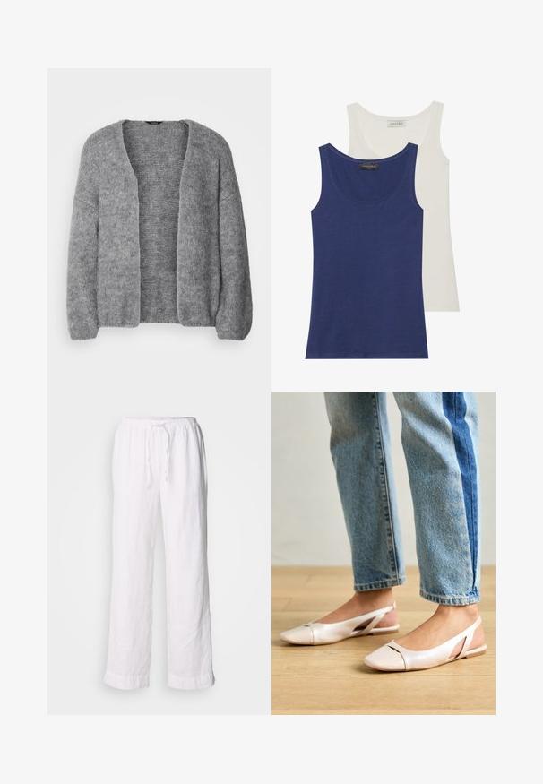 Lindex CARDIGAN VANESSA - Strickjacke - grey; Zwei Tanktops: eines in marineblau und eines in off-white. Beide haben einen runden Ausschnitt, eine weiche Textur und ein einfaches Design. Das Markenlabel ist oben sichtbar.; Weiße Leinenhosen mit einem lockeren Schnitt, elastischem Bund und Kordelzug. Sie verfügen über gerade Beine und umgeschlagene Säume für einen lässigen Look.; Blassrosa Slingback-Ballerinas mit spitzem Punkt, aus einem glatten, lederähnlichen Material. Mit Ausschnitten an den Seiten und einem flachen Absatz.