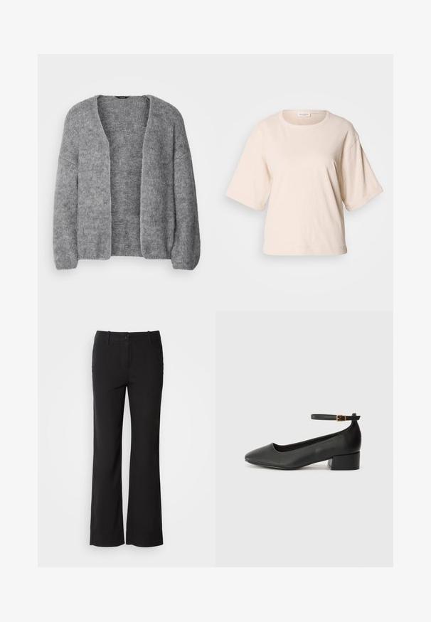 Lindex CARDIGAN VANESSA - Gilet - grey; T-shirt à manches courtes beige clair, fabriqué en coton doux. Doté d'un col rond et d'une coupe oversized avec des manches retroussées. Design minimaliste.; Pantalons en mélange de coton noirs avec une coupe droite, fermeture à bouton sur le devant et deux poches latérales. Texture lisse, sans motifs visibles.; Escarpin en cuir noir avec un bout pointu et un petit talon bloc. Doté d'une bride de cheville avec une boucle dorée. Texture lisse.