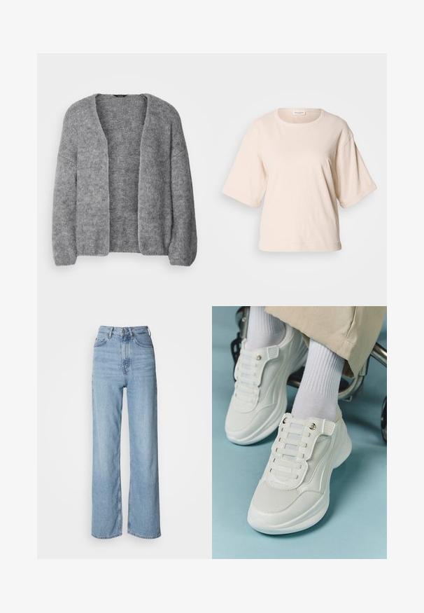 Lindex CARDIGAN VANESSA - Kardigán - grey; Világos bézs színű, rövid ujjú póló, puha pamutból készült. Kerek nyakkivágása van, laza szabású és felgöngyölt ujjaival rendelkezik. Minimalista dizájn.; Világoskék, magas derekú, egyenes szárú farmernadrág, elülső gombos záródással és finom kopásmintázattal.; Fehér sportcipők, amelyek hálós anyagból készültek, gumitalpúak, fűző nélküli kialakítással, rugalmas pántokkal és arany színű kiegészítőkkel rendelkeznek.
