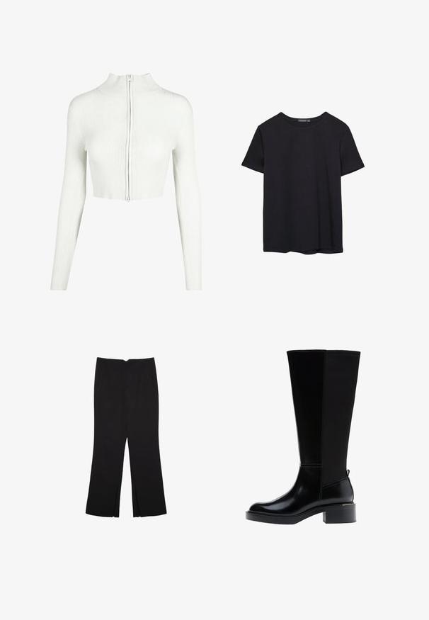 Bijeli rebrasti pleteni crop top s dugim rukavima i visokim ovratnikom. Ima prednji patentni zatvarač i glatku teksturu.; Pura crna pamučna majica kratkih rukava s okruglim izrezom, prikazana na bijeloj pozadini.; Crne hlače ravnog kroja, s prednjim džepovima i bočnim prorezima na rubu. Izrađene od mekog i glatkog materijala. Pogodne za razne prigode.; Crna čizma do koljena s glatkom kožnom završnom obradom, istaknutim šavovima, masivnom petom i teksturiranim stražnjim panelom za dodatni interes.
