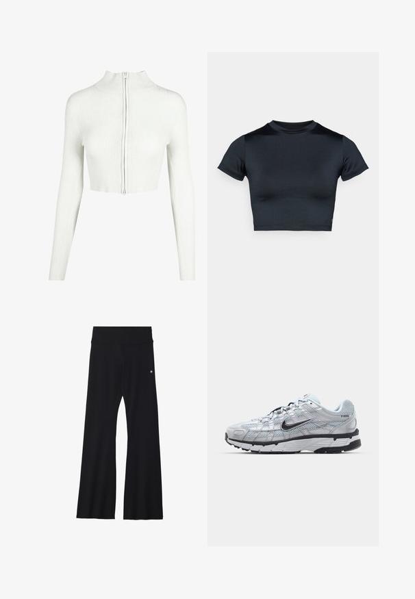 Weißes, geripftes Strick-Crop-Top mit langen Ärmeln und hohem Kragen. Verfügt über einen Reißverschluss auf der Vorderseite und eine glatte Textur.; Kurzärmeliges, bauchfreies Top in Dunkelblau, hergestellt aus glattem, elastischem Stoff. Verfügt über einen runden Ausschnitt und minimale Nahtdetails. Keine sichtbaren Logos.; Schwarze ausgestellte Hose aus elastischem Material, mit breitem Bund und kleinem Logo an der Hüfte. Glatte Textur und ganzlanger Schnitt.; Nike P-6000 Sneakers mit einem Obermaterial aus leichtem grauem Mesh, schwarzen Akzenten und einer langlebigen schwarzen Gummisohle. Verfügt über ein komplexes Design und ein Schnürsystem.
