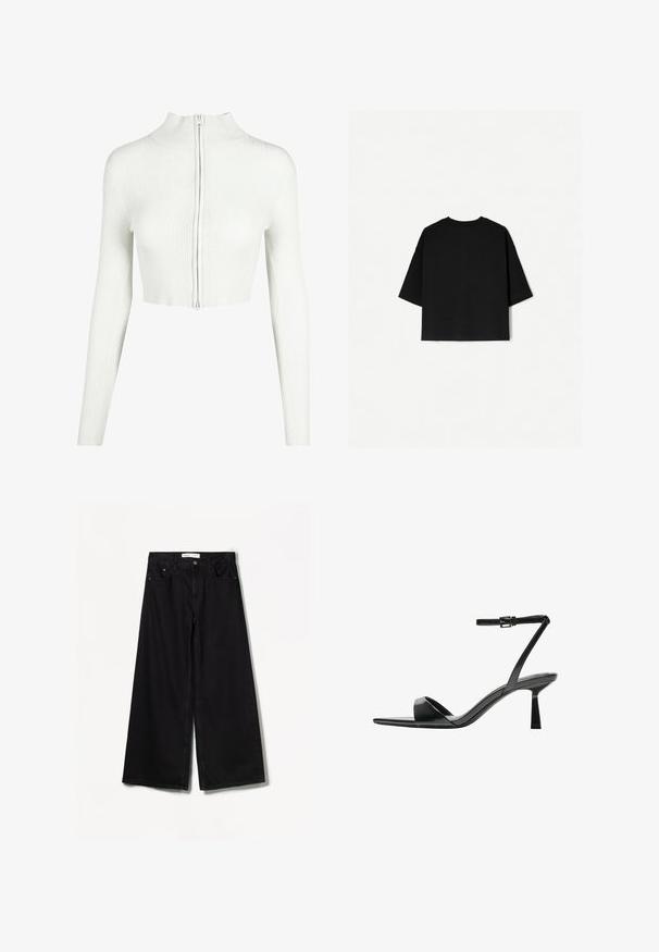 Bela rebrasta pletena kratka majica z dolgimi rokavi in visokim ovratnikom. Ima sprednje zadrgo in gladko teksturo.; Črna oversized majica s kratkimi rokavi, okroglim izrezom in ravnim robom. Narejena iz mehkega bombaža z gladko teksturo. Oglejte si samo zadnji del.; Bershka WIDE-LEG - Široke hlačnice - black; Bershka Sandali z visoko peto - black