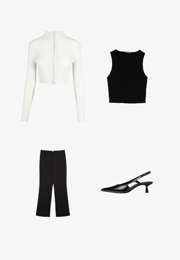 Bílý žebrovaný pletený crop top s dlouhými rukávy a vysokým límcem. Má přední zip a hladkou texturu.; Černý bezsleeve crop top vyrobený z hladké tkaniny, s kulatým výstřihem a čistým, jednoduchým designem bez vzorů nebo kovových doplňků.; Černé kalhoty s rovným střihem, s předními kapsami a bočními rozparky na lemu. Vyrobené z jemné, hladké tkaniny. Vhodné na různé příležitosti.; Černé lakované lodičky na podpatku se špičatou špičkou, výřezovým designem na boku a malým čtvercovým podpatkem. Hladká textura s minimálními akcenty.