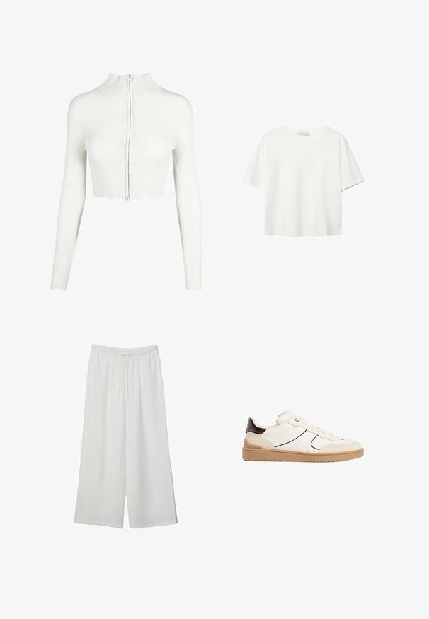 Weißes, geripftes Strick-Crop-Top mit langen Ärmeln und hohem Kragen. Verfügt über einen Reißverschluss auf der Vorderseite und eine glatte Textur.; Weißes T-Shirt mit kurzen Ärmeln aus Baumwolle. Hat einen Rundhalsausschnitt und eine lockere Passform. Glatte Textur ohne sichtbare Muster oder Akzente.; Weiße, weit geschnittene Hosen aus leichtem Stoff, mit einem elastischen Bund und einem Zugband für eine verstellbare Passform. Glatte Textur.; Stradivarius Sneaker low - white