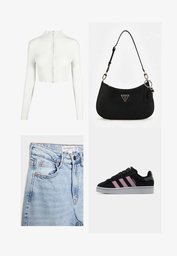 Hvid ribbet strik crop top med lange ærmer og høj krave. Har en frontlynlås og en glat tekstur.; Hvid ribbet tanktop med rund halsudskæring, ærmeløs design og cropped længde. Etiketten står der "JJXX." Glat stoftekstur.; Lyseblå denimjeans med høj talje, fem lommer, hardware i kobberfarve og subtil falming, med et mærke ved taljeopdækningen.; Sort ruskinds sneakers med lyserødt tre-stribe design, grå gummisål og struktureret tunge. Har branding på siden og hælen.; Sort syntetisk skuldertaske med en buet silhuet, tekstureret overflade, gyldent trekantet logo og aftagelige hardware-detaljer.