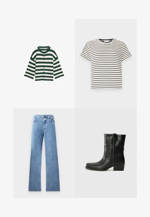 Green and white striped cardigan with a round neckline, long sleeves, and black buttons down the front. Soft textured fabric.; Cotton short-sleeve T-shirt with a crew neckline, featuring black vertical stripes on a white background and a straight cut design.; Light blue denim jeans with a wide-leg design, five pockets, belt loops, and a button closure. The fabric has a smooth texture.; Black leather ankle boot with a rounded toe, block heel, side zipper, and stitching accents on the vamp. Smooth texture, classic design.