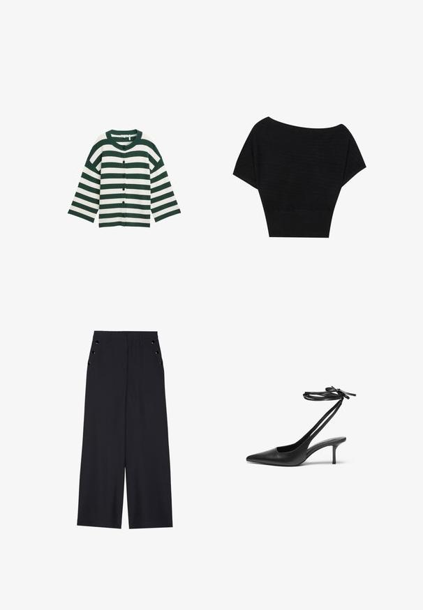 Green and white striped cardigan with a round neckline, long sleeves, and black buttons down the front. Soft textured fabric.; Anna Field Print T-shirt - black; Wide-leg trousers in dark navy fabric, featuring a smooth texture, front pleats, and decorative gold-tone eyelets on the side pockets.; Black leather stiletto shoe with a pointed toe, open back, and ankle straps tied in a bow. Slim 3-inch heel. Smooth texture, minimalist design.