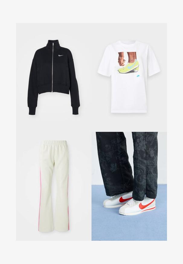 Nike Sportswear Cipzáras pulóver - black/sail; Fehér pamut póló, amelyen sárga Nike cipőben lévő lábak grafika található kék részletekkel, bal csuklón pedig egy karkötő látható.; Világos bézs színű nadrág, elasztikus derékrésszel, rózsaszín oldalsávokkal és oldalzsebekkel. Sima felület, egyenes lábdesign.; Fehér Nike sportcipő piros részletekkel, fekete virágmintás nadrággal párosítva. Az anyag sima, lapos fonott talppal.