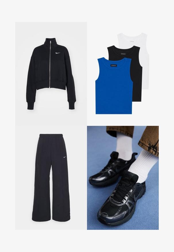 Nike Sportswear Felpa con zip - black/sail; Tre magliette senza maniche in blu, nero e bianco. Il tessuto è a coste con un colletto rotondo. Ogni maglietta ha un'etichetta con la scritta "even&odd."; Pantaloni neri a gamba larga con cintura elastica e un piccolo logo Nike bianco. Il tessuto ha una texture liscia, progettata per il comfort e l'abbigliamento casual.; Le scarpe da sport nere Nike presentano una tomaia in rete con dettagli lucidi, lacci neri e una suola texture. Abbinate a calzini bianchi a coste.