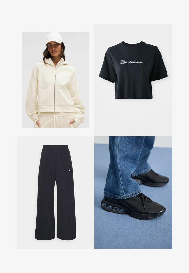 Kremowy hoodie na zamek z kapturem, ściągaczami u rękawów i kieszeniami z przodu; miękka faktura i luźny krój doskonale współgrają z pasującymi spodniami dresowymi.; Przycięta czarna koszulka bawełniana z krótkim rękawem, z białym napisem "Vice Sportswear" oraz okrągłą grafiką z przodu.; Czarne spodnie typu wide-leg z elastycznym pasem i małym białym logo Nike. Materiał ma gładką teksturę, zaprojektowany z myślą o komforcie i codziennym noszeniu.; Czarne sportowe sneakersy z siateczkową cholewką, teksturowanymi akcentami i widocznymi poduszkami powietrznymi w podeszwie. Noszone z niebieskimi dżinsami.