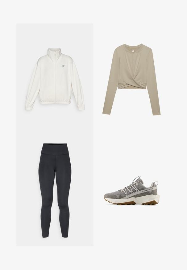 New Balance PERFORMANCE FULL ZIP - Zip-up sweatshirt - linen; Light beige long-sleeve crop top with a twisted front design, made of smooth fabric. Features a round neckline and fitted sleeves.; High-waisted black leggings made of stretchy material, featuring a smooth texture and close-fitting design, with minimal stitching details.; Gray New Balance sneaker with textured knit upper, white geometric sole, brown tread, elastic lace design, and pull tabs on tongue and heel.