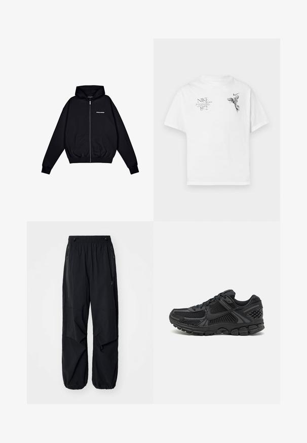 Sweatshirt preta com fecho éclair, feita de tecido macio, com um bolso frontal tipo canguru, capuz com cordão e um pequeno logótipo "PEGADOR" no lado esquerdo do peito.; T-shirt de algodão branco com uma impressão gráfica preta de uma figura alada e texto, com decote redondo e mangas curtas.; Calças cargo leves e pretas com uma cintura elástica, zíperes laterais e bolsos espaçosos. Apresentam um corte solto e bainhas ajustadas.; Sapatilha atlética preta com parte superior em malha, sola de borracha e toques texturizados. O design inclui um sistema de atacadores pronunciado e sola almofadada.