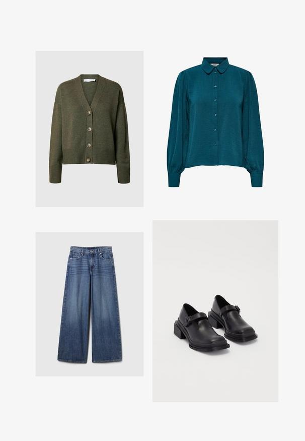 Alyvuogių žalia kardiganas su V formos iškirpte, ilgomis rankovėmis ir penkiomis didelėmis mygtukais. Sukurtas su gumbuotais rankogalais ir apdaila, turi minkštą tekstūrą.; Mėlyna bluzonė su apykakle, mygtukų priekyje ir ilgomis rankovėmis. Pagaminta iš tekstūruotos medžiagos su surinktomis rankovėmis.; Platus mėlynos džinsinės kelnės su išblukusiu paviršiumi, su mygtukų ir užtrauktuko uždarymu, penkiomis kišenėmis ir diržo kilpomis.; Juodos odinės bateliai su apvaliu priekiu, plokščiu padu ir dirželiu su sagtimi. Didelis blokinis kulnas, užtikrinantis papildomą stabilumą.