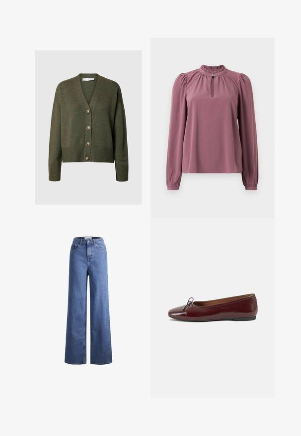 Olivza zaļa kardigāna jaciņa ar V-veida kakla izgriezumu, garām piedurknēm un pieciem lieliem pogām. Tam ir ribotas piedurknes un apakšmali ar mīkstu tekstūru.; Garšā piedurkne mauve krāsas blūze ar saplacinātu apkakli, atslēgas caurumu dekoltē ar pogu aizdari un nedaudz pūkainām plecu daļām.; Gai zili džinsi ar platu kāju un augstu jostu, divas priekšējās kabatas un redzamu šuvju. Iekļauj pogas un rāvējslēdzēja aizdari.; Burgundijas laku ādas baleta kurpes ar noapaļotu purngalu, nelielu loku akcentu priekšā un zemu melnu gumijas zoli. Gluda tekstūra.