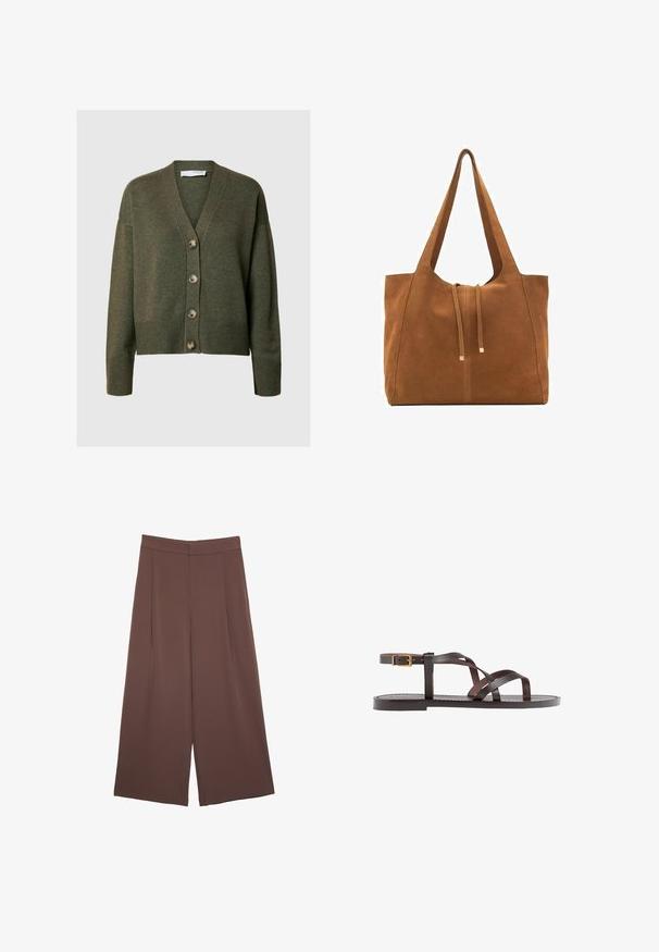Maslinasto zeleni kardigan s V-izrezom, dugim rukavima i pet velikih gumba. Ima rebrastemanžete i donji rub te meku teksturu.; Smeđi kratki rukav majica od mekog materijala, s okruglim izrezom i opuštenim krojem. Nema vidljivih uzoraka ili naglasaka.; Smeđe hlače širokog kroja s glatkom teksturom, koje imaju visok struk i nabore sprijeda. Tkanina je lagana i slobodno se kreće.; Smeđe kožne sandale s iskrižanim trakama, umetkom za zapešće s kopčanjem i ravnim potplatom s minimalnim detaljima šivanja.; Smeđa antilop torba za ruke s dva duga remena, zatvaranje na vezicu i minimalistički dizajn. Glatka tekstura i bez vidljivih metalnih elemenata.
