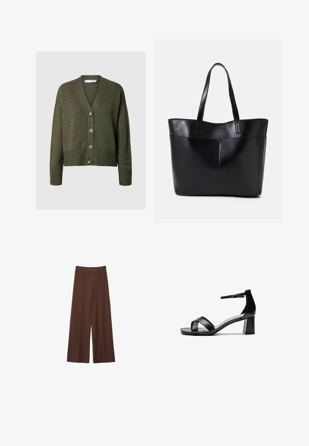 Maslinasto zeleni kardigan s V-izrezom, dugim rukavima i pet velikih gumba. Ima rebrastemanžete i donji rub te meku teksturu.; Crni top bez rukava od pamuka, s okruglim izrezom i širokim izrezima za ruke. Glatka tekstura s ušivenim rubovima. Klasičan, minimalistički dizajn.; Smeđe široke hlače izrađene od meke tkanine, s visokim strukom, vertikalnim šavovima i glatkom teksturom.; Crne sandale s otvorenim prstima i potpeticama, s ukriženim trakama, podesivom narukvicom oko gležnja i masivnom potpeticom, izrađene od glatke kože.; Crna kožna torba s dugim ručkama, glatkom teksturom i strukturiranim oblikom. Ima prednju džep za dodatno pohranu.