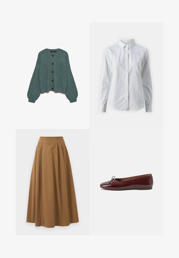 Tirkizni pleteni kardigan s okruglim izrezom na vratu, rebrastim manšetama i prevelikim rukavima. Ima šest velikih smeđih gumba na prednjoj strani.; Bjela košulja na dugih rukava od glatkog pamuka, s klasičnom kragnom i zakrivljenim rubom. Dugmad su mala i bijela.; Smeđa pamučna suknja A kroja s visokim strukom, koja ima nabore sprijeda i glatku teksturu. Završetci donjeg ruba su čisti i jednostavni.; Burgundska lakirana balerinka s zaobljenim vrhom, malim mašnom sprijeda i niskom, crnom gumenom potplatu. Glatka tekstura.