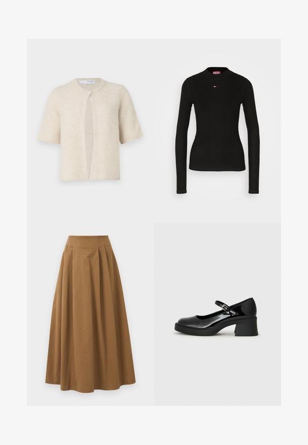 Cardigan à manches courtes en beige clair, présentant une texture côtelée, un design ouvert à l'avant et un col arrondi. Matière douce, quincaillerie minimale.; T-shirt noir à manches longues en tissu à côtes, avec un col rond et un petit logo Diesel rouge brodé sur la poitrine.; Jupe A-line en coton brun avec taille haute, dotée de plis sur le devant et d'une texture lisse. Les finitions de l'ourlet sont nettes et simples.; Chaussure Mary Jane en cuir verni noir avec un embout arrondi, une sangle réglable et un talon carré épais. Présente une semelle texturée.