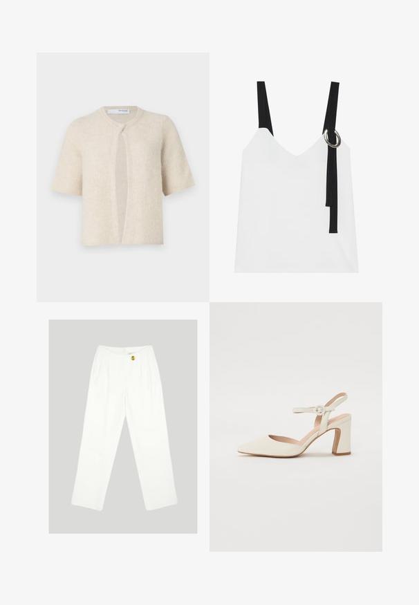 Kratek rokav, jopica v svetlo bež barvi, ki ima rebrasto teksturo, odprt sprednji del in zaobljen ovratnik. Mehken material, minimalne opreme.; Bela brezrokavnika s V-izrezom, ki ima črne naramnice in srebrno okrasno obrobo. Gladka tkanina in sodoben, minimalističen dizajn.; Bela široka hlače iz gladke tkanine. Imajo en rumen gumb za zapiranje in plisiran sprednji del. Nobenih vidnih žepov.; Čevlji s koničastim nosom v kremni barvi z blokastim peto. Imajo tanki trak okoli gležnja z okroglo sponko in gladko usnjeno teksturo.