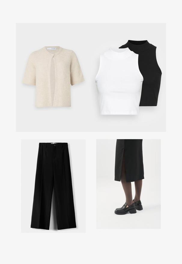 Korte mouwen cardigan in lichtbeige, met een geribbelde textuur, open voorkant en een ronde halslijn. Zacht materiaal, minimaal gebruik van hardware.; Twee mouwloze ribgebreide coltruien in zwart en wit, met een slim fit ontwerp en een gladde textuur, met een cropped lengte.; Zwarte wijde broek van lichtgewicht stof, met een knoopsluiting aan de voorkant en een vlakke achterkant, afgewerkt met keurig gestikte zoom.; Zwarte leren schoenen met een ronde neus, dikke blokhak en elastische zijkanten, gecombineerd met donkere panty's en een zwarte rok met een split.