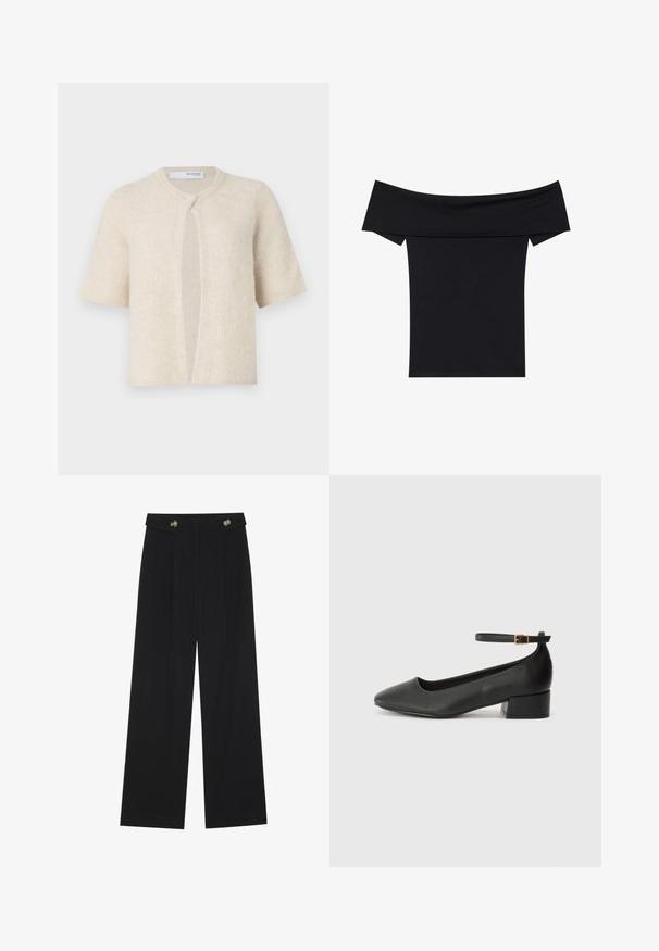 Kurzärmlige Strickjacke in hellem Beige, mit gerippter Textur, offener Vorderseite und rundem Halsausschnitt. Weiches Material, minimales Zubehör.; Schwarzes Off-Shoulder-Top aus weichem Stretchmaterial. Mit kurzen Ärmeln und figurnaher Silhouette. Schlichtes, nahtloses Design.; Schwarze weite Hosen mit hoher Taille, Knopfdetails am Bund und vorderen Falten.; Schwarze Lederpumps mit spitzem Zehenbereich und niedrigem Blockabsatz. Mit einem Knöchelriemen und einer goldfarbenen Schnalle. Glatte Textur.