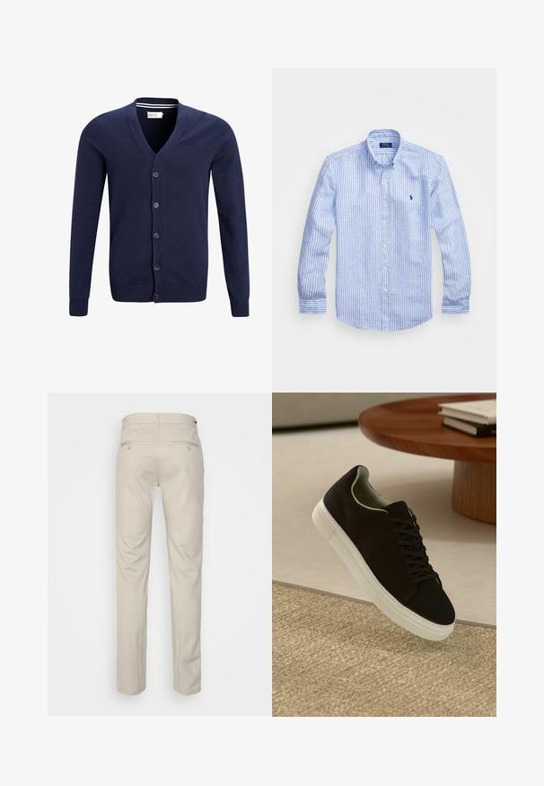 Marineblauwe cardigan van zacht breigaren, met een v-hals, zes knopen sluiting en ribbels aan de mouwen en onderkant.; Blauw-wit gestreept overhemd met lange mouwen van katoen, met een button-down kraag, knopen aan de voorkant en een klein geborduurd logo op de borst.; Beige broek met een gladde textuur, rechte snit, twee achterzakken met knopen en een standaard tailleband.; Zwarte sneaker met witte zool die boven een beige gestructureerd tapijt zweeft, nabij een ronde houten tafel met gestapelde boeken.