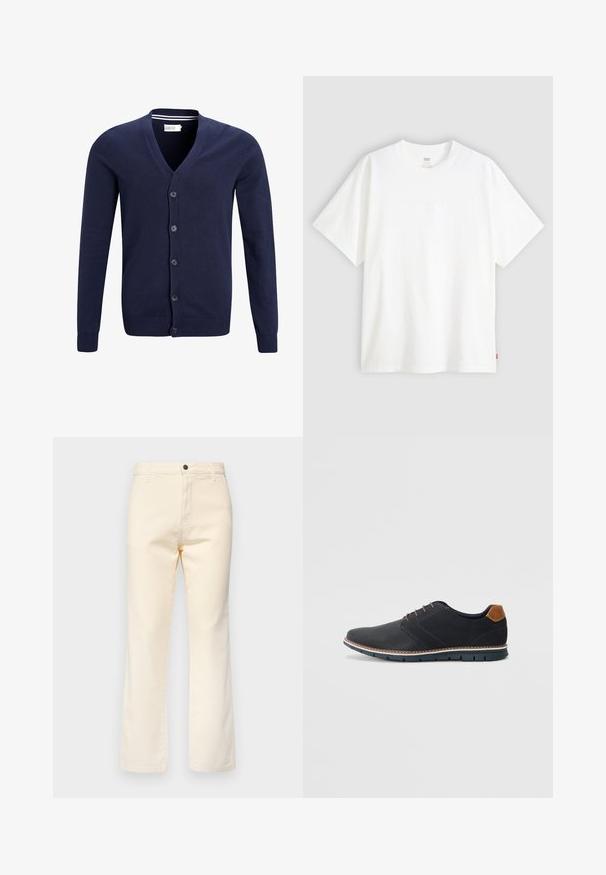 Mornarsko plava kardigan izrađena od mekog pletenog materijala, s V-izrezom, zatvaranjem na šest dugmadi te rebrastim manžetama i porubom.; Bijela kratka majica od pamuka s okruglim izrezom. Sadrži suptilni reljefni logo detalj sprijeda i crvenu oznaku na rubu.; Kremaste pamučne traperice ravnog kroja, s prednjim zatvaračem na dugme i standardnim pet džepova.; Crne sintetičke cipele s teksturiranim gornjim dijelom, glatkim akcentima, smešnim petom i kontrastnom potplatom. Imaju minimalne vezice i detalje šivanja.