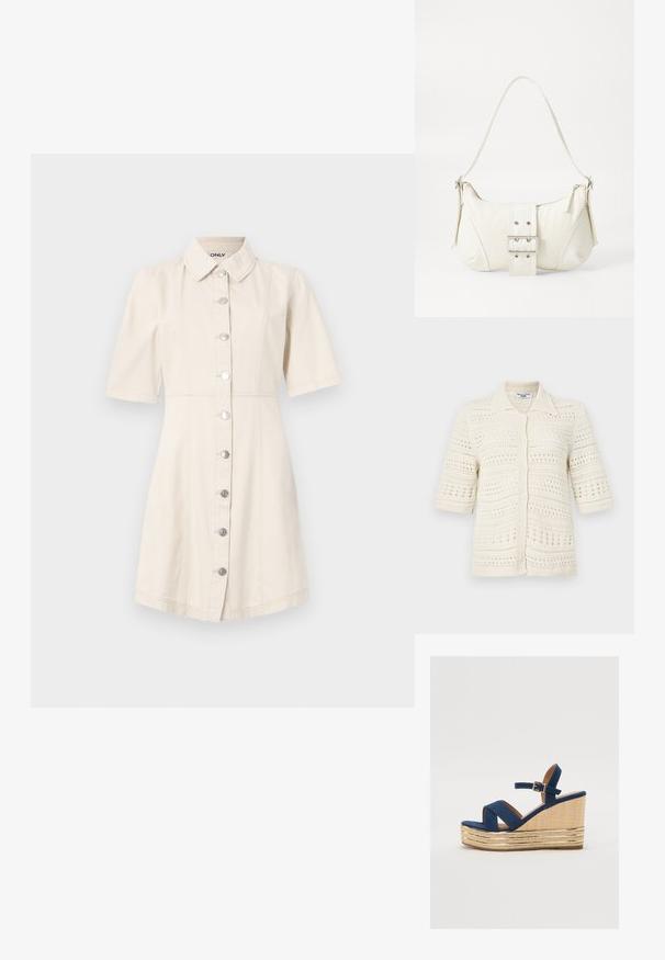 Rövid ujjú, gombos előlapi kötött kardigán krémszínben, nyitott szövésű mintával. Gallérral és bordázott díszítéssel rendelkezik.; Rövid ujjú, világos bézs farmerruha, galléros nyakkivágással, ezüstgombokkal és testhez álló fazonnal, amely a szegélyenél bővül.; Tengerészeti kékszínű wedges szandál keresztbe fölmérő pántokkal, texturált természetes rostból készült talppal, és arany fémes díszítéssel az alján.; Fehér válltáska texturált felülettel, középen csattogó részlettel és íves formával. Cipzáras záródás mindkét oldalon.