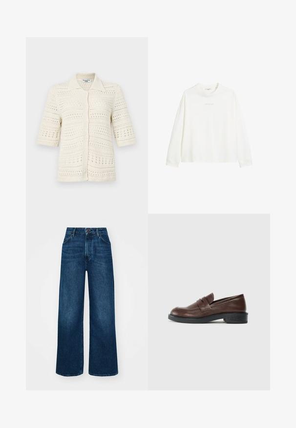 Cardigã tricotado em off-white com mangas curtas, fecho frontal com botões e padrão de malha aberta. Apresenta gola e acabamento canelado.; Camisa branca de manga longa feita de algodão, com decote redondo e um logo minimalista no centro. Textura suave com um corte relaxado.; Jeans de cintura alta e pernas largas em denim azul escuro com uma textura suave, costuras em contraste e design de cinco bolsos. Fecho frontal com botão.; Mocassins de couro castanho com bico arredondado, apresentando uma tira decorativa na parte superior e um salto baixo de borracha preta texturada.